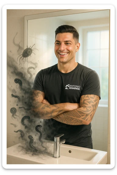 a man stands, looking relieved and revitalized as he examines his reflection in the mirror. In the foreground, stylized, shadowy images of parasites (such as worms or protozoa) are shown leaving his body, dissolving into mist or fading away. His posture is upright and his expression is one of newfound energy and health. sticker