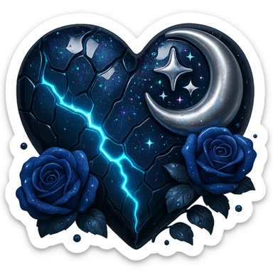 Edit the image to depict a gothic heart with splintered deep blue glass, silver crescent moon, midnight blue roses, holographic stardust, neon lightning, wet look. The style should resemble 3D emoji style. Remove the background. sticker