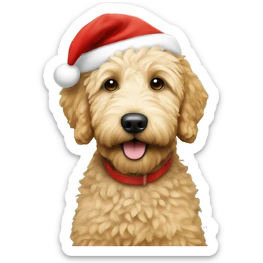 Small golden doodle wearing a Santa hat under a Christmas tree sticker