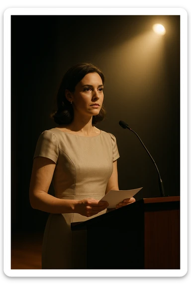 a female speaker at an event standing at a podium, formal setting, spotlight on the speaker, elegant dress, holding notes sticker