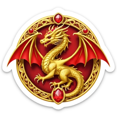 Golden Dragon with wings crest/brosch in a circle with red gems sticker