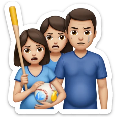 A angry brunette man holding a baseball bat towards a brunette pregnant woman who is crying sticker