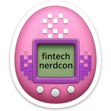 please create me a tamagotchi that syas fintech nerdcon on the screen, and make the style of the tamagotchi round and nerdy and gamer like. GTA style. PINK sticker