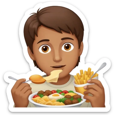 Man with brown hair and brown eyes eating a lot of food sticker