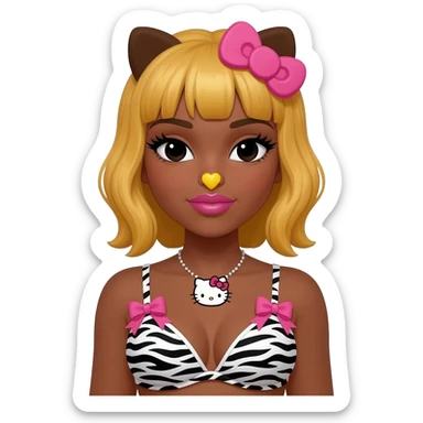 black eyes, cute heart shaped lips, long lashes, bimbo, dark brown skin with honey blonde hair with hello kitty brown ears, with yellow nose, zebra print bra with pink bows, hello kitty necklace sticker