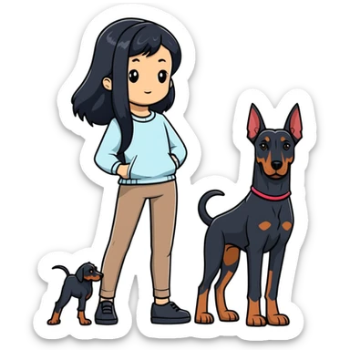 girl with long black hair and doberman dog sticker