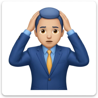 businessman in a blue suit, stressed expression, holding head, neutral background sticker