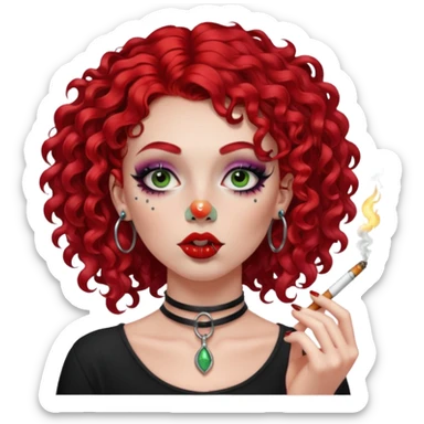bright red curly hair alt girl with dark makeup and gauged septum, eyebrow and nose piercings smoking weed sticker