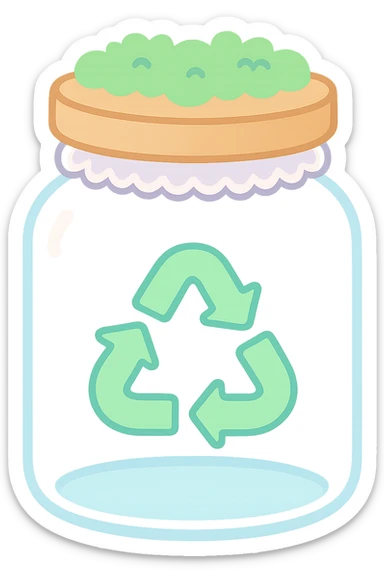 empty glass cookie jar with wooden lid, lace trim, moss decoration, recycling symbol on front, cozy whimsical homey cottagecore style, no text, transparent background sticker