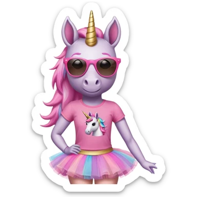 friendly anthropomorphised female unicorn with horse-like face, in tutu and pink t-shirt, wearing dark sunglasses, standard pose, close-crop head and shoulders portrait sticker