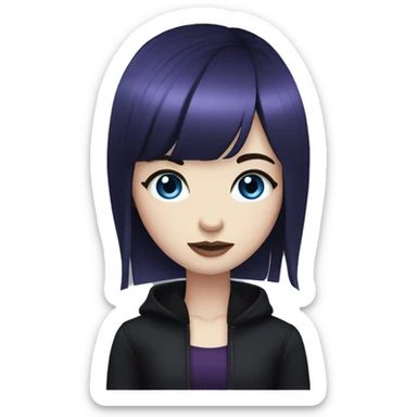 girl, pale skin, blue eyes, dark purple hair, bangs, black clothes, eyeliner sticker