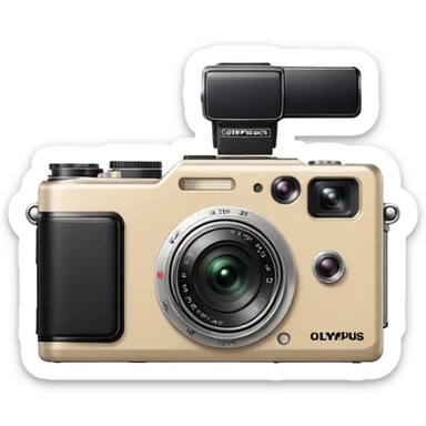 Olympus Superzoom 70G camera, beige color, vintage compact point and shoot camera with distinctive rectangular body, small viewfinder, protruding flash unit on top, and the exact silhouette of Olympus Superzoom 70G with its characteristic shape sticker