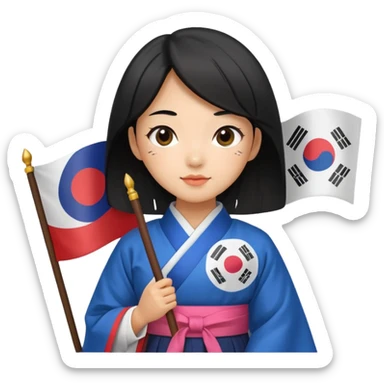 black hair girl with hanbok holding south korea flag sticker