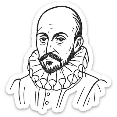 a hand drawn black outline portrait of philosopher Montaigne with similar-sized eyes based a famous portrait of him sticker