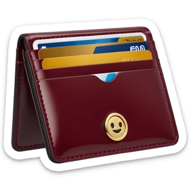 A professional studio photograph of a high-quality, slim leather card holder. The card holder is in [deep Burgundy color with a high-gloss patent enamel finish, reflecting light like a jewel .It features precise stitching and minimalist, elegant metal hardware sticker