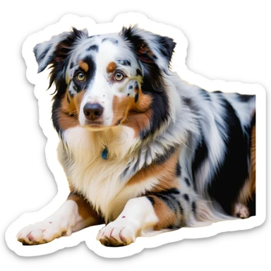 Merle Australian Shepherd dog laying down, blue merle coat, relaxed sticker