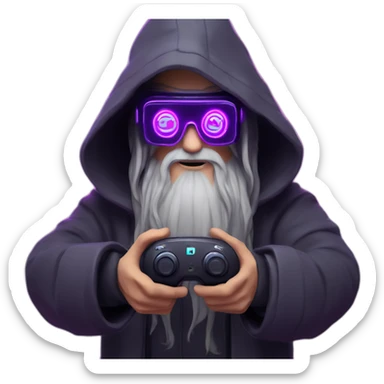 Gandalf wearing a black hoodie with "OMG" letters on it and VR headset in a cyberpunk VR environment with violet neon lighting. sticker