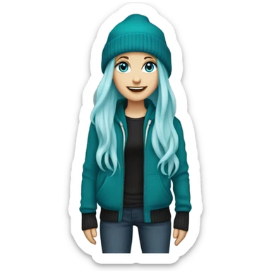 White girl, blue eyes, long teal hair, purple beanie hat, black hoodie, blue jeans, black shoes sticker