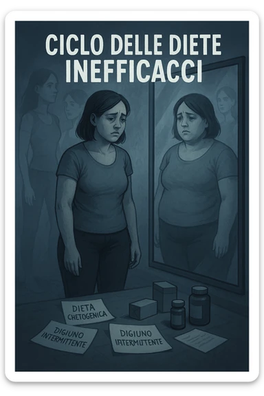 Donna tra i 30 e i 40 anni, in piedi davanti a uno specchio, con espressione delusa e stanca. Accanto a lei, sul pavimento, scatole di integratori, foglietti con scritte tipo 'Dieta chetogenica', 'Digiuno intermittente', 'Dieta ipocalorica'. Riflesso nello specchio mostra una versione di sé con peso aumentato, come se fosse tornata indietro nel tempo. Attorno a lei, immagini sbiadite o sovrapposte di sé in passato, quando era dimagrita. Atmosfera emotiva, simbolica, con luce fredda e sfumature di frustrazione. Messaggio visivo forte: 'ciclo delle diete inefficaci' in italiano sticker