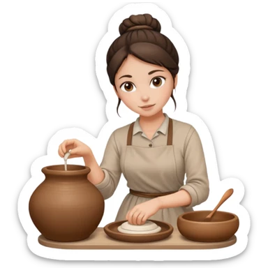 Brunette girl with a bun, behind the potter's wheel, wearing neutral clothing sticker