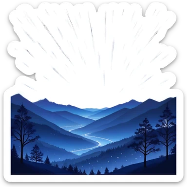 A mesmerizing night sky filled with falling stars, streaking across the dark expanse in bright trails of light. The sky is deep indigo, dotted with distant stars, while the shooting stars create a sense of magic and wonder. The landscape below is tranquil, with silhouettes of trees and mountains, adding to the peaceful, celestial atmosphere. Some of the falling stars are bright and large, while others are smaller, creating a dynamic, sparkling effect in the night sticker