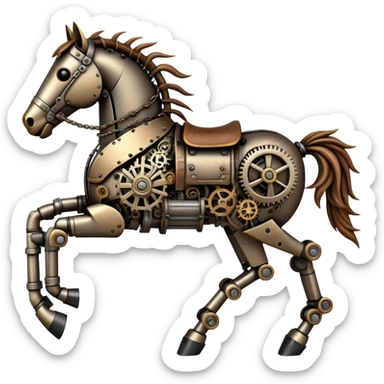 Horse made of visible mechanical parts with gears, cogs, wires, and rope components, steampunk style sticker