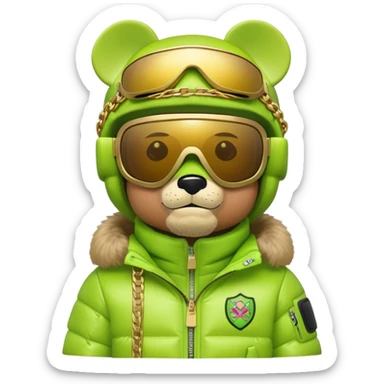 bearbrick wearing lime green balaclava with graffiti logos, futuristic shield visor sunglasses with single panoramic lens like ski goggles covering upper face, puffy fur jacket, gold chains sticker
