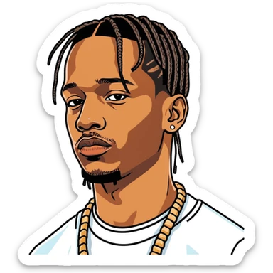 Travis Scott celebrity and rapper, hperrealistic, mirco-detailed, vivid, bold colo=s, 3D sticker design
 Must be 8k hd, 8000x8000px resolution. Must use very thin transparent smooth lones sticker
