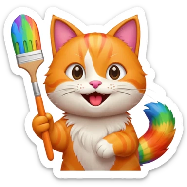 happy cat with a huge rainbow paintbrush, joyful expression, emoji style sticker