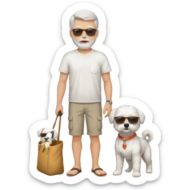 white man grey hair beard holding a white Maltese on a beach full body sticker