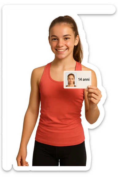 donna fitness di 14 anni, con in mano un documento di identità con la sua foto e la scritta 14 anni sticker