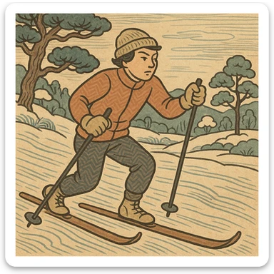 ukiyo-e style icon of a cross-country skier, serene winter scene, expressive lines, Japanese art influence sticker