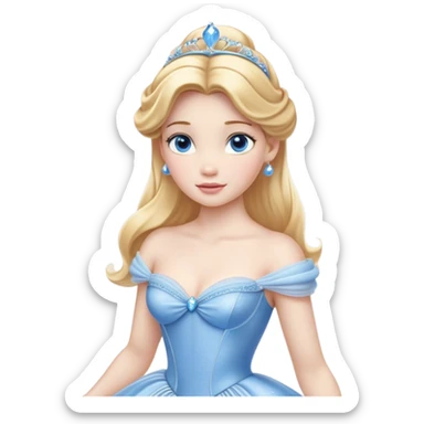 Cinematic Realistic Cute Cinderella Portrait, featuring fair, luminous skin with finely detailed texture and softly lit golden-blonde hair cascading in gentle waves. Her warm, inviting blue eyes sparkle with youthful charm and curiosity, while her classic, elegantly draped ball gown reveals meticulously rendered fabric details and natural folds. The overall composition is bathed in a gentle, realistic radiance that exudes both playfulness and heartfelt beauty. sticker