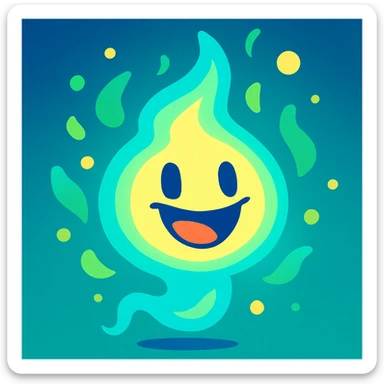 a wisp with a big smile, glowing and cheerful, whimsical style, vibrant colors, playful atmosphere sticker