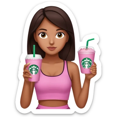 Chica de pelo café oscuro tirado a negro liso ojos cafés y ni tan blanca ni tan morena tomando un starbuck y tiene de ropa un top corto rosado  sticker
