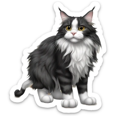 A black and white Maine Coon cat stands on the floor with his paws and holds a mouse in his hands sticker