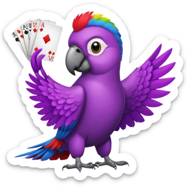 purple parrot holding a hand of playing cards sticker