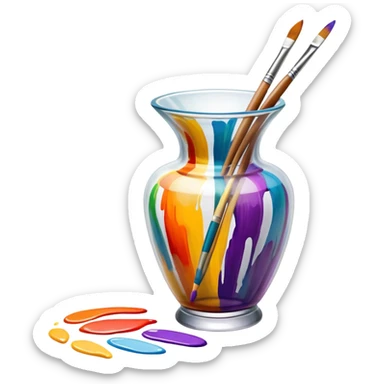 Glass painting icon, colorful brushstrokes on a glass vase, intricate painted patterns on the surface, visible fine paintbrush and palette beside it, no liquid inside the vase, minimalistic style, clean lines, transparent background. sticker