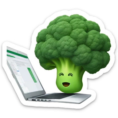 Generate a creative broccoli emoji sitting in front of a computer with a stylus, designing something on a screen. sticker