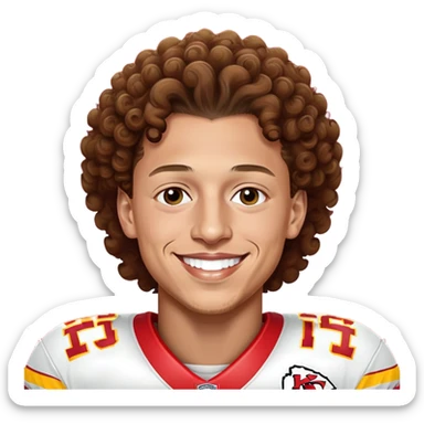 Patrick Mahomes, Kansas City Chiefs quarterback with curly hair, smiling sticker