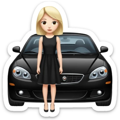 A fast, expensive black car with a young woman beside it sticker