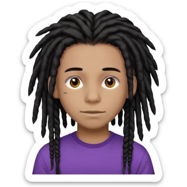 light black teen with black dreads in a middle part with brown eyes and purple shirt sticker
