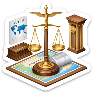 An icon featuring a ballot box with a voting paper, a government building with columns, and a scale of justice, symbolizing political science. The design includes a world map in the background, representing global political systems. Transparent background highlights governance and civic studies. sticker