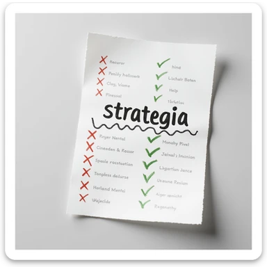 realistic 4K sheet of paper with the word 'strategia', a wavy line crossing the sheet with stages marked by red crosses and green check marks, hyperrealistic style sticker