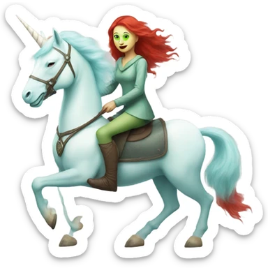 [politically incorrect
	{ woman: alien, color: light green, hair:red, eyes:cat} ]
	on a 
	[{ unicorn: white, legged:four, mane: light blue }] sticker