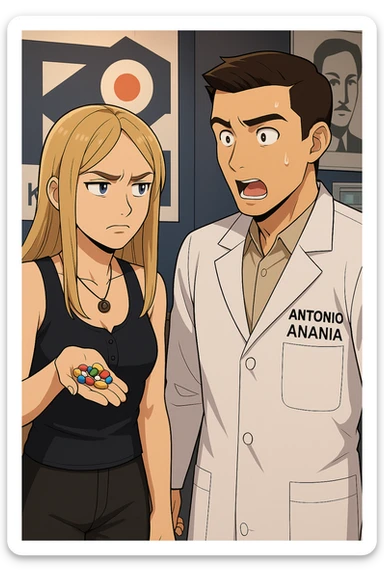 fai un webtoon/manga a colori con questo kinesiologo in camice bianco (fagli la scritta "ANTONIO ANANIA" SUL CAMICE) CHE PARLA CON QUESTA RAGAZZA CON GLI OCCHI AZZURRI. LA RAGAZZA HA UN PUGNO DI INTEGRATORI IN MANO (TANTE PILLOLE DIVERSE) E LE GUARDA DUBBIOSA. IL KINESIOLOGO CON IL CAMICE BIANCO LE DOMANDA UNA COSA SCIOCCATO. NON FARE I FUMETTI, FAI SOLO LORO COME SE DIALOGASSERO sticker