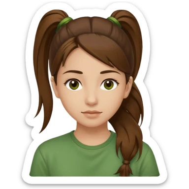 Make a zumba coach emoji, brown eyes, brown hair girl, green shirt withe "the roots" on it, longer pony tail hair sticker