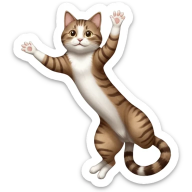 dark brown tabby and white cat with doing a big extremely long stretch reaching up into the air with arms and legs side by side together straight and overextended whilst lying on its side sticker