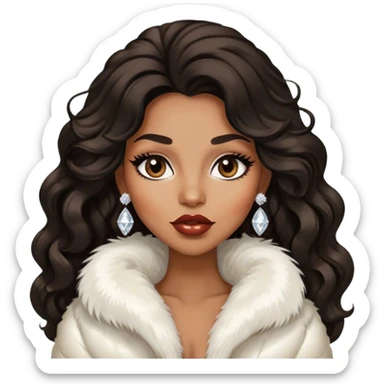 light brown skin tone, very beautiful woman, with big plump lips, long long lashes, black wavy long hair, brown eyes, white fur jacket, diamond earrings sticker