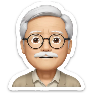 _cinematic-realistic-portrait-of-hayao-miyazaki,-depicted-with--large-rectangular-glasses,-his-happy-expression-rendered-in-lifelike-detail,-illuminated-with-soft,-realistic-lighting-that-emphasizes-his-creative-genius, his eyes shut  and big bushy black eyebrows sticker